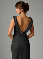 Black Satin Bridesmaid Dress with Cowl Neckline, Draped Back and Ruched Bodice