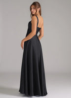 Black Satin Bridesmaid Dress with Square Neckline, Ruched Bodice and Side Pockets