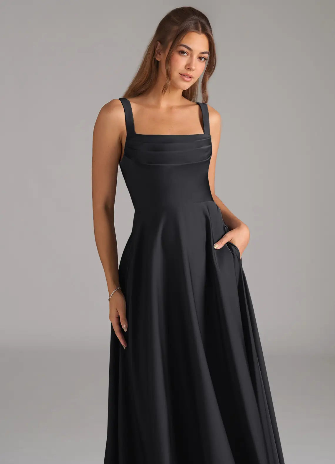 Black Satin Bridesmaid Dress with Square Neckline, Ruched Bodice and Side Pockets