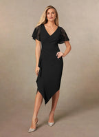 Black Sheath Pleated Tea-Length Dress Black Sheath Solid Color Modern V Neck Back Zip Mother of the Bride Dress