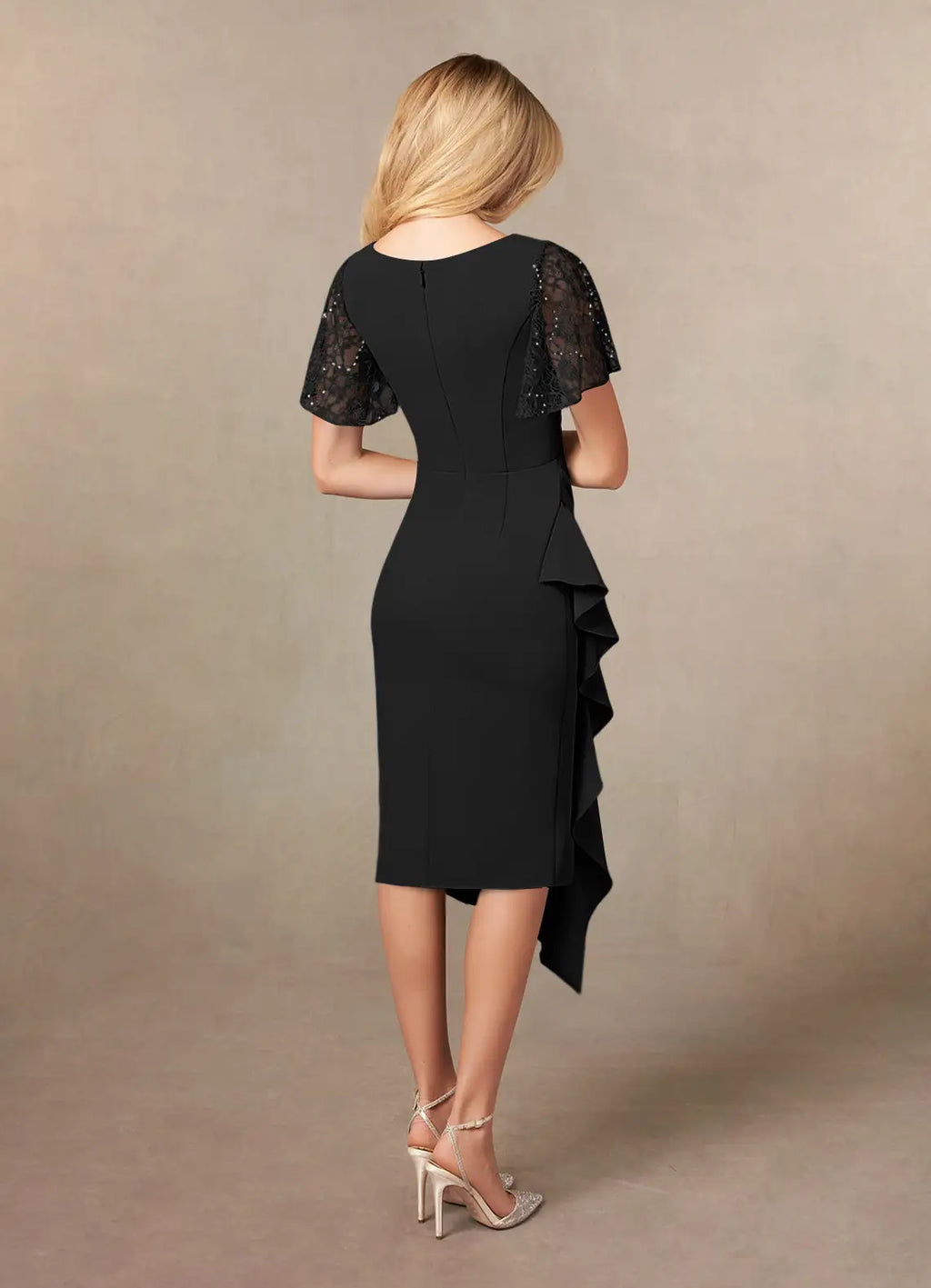 Black Sheath Pleated Tea-Length Dress Black Sheath Solid Color Modern V Neck Back Zip Mother of the Bride Dress