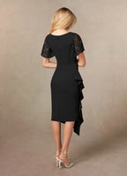 Black Sheath Pleated Tea-Length Dress Black Sheath Solid Color Modern V Neck Back Zip Mother of the Bride Dress