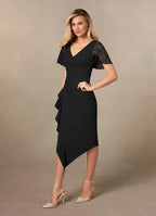 Black Sheath Pleated Tea-Length Dress Black Sheath Solid Color Modern V Neck Back Zip Mother of the Bride Dress