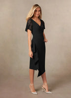 Black Sheath Pleated Tea-Length Dress Black Sheath Solid Color Modern V Neck Back Zip Mother of the Bride Dress