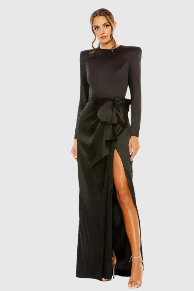A-Line Round Neck Long Sleeve Zipper Up Floor-Length Prom Dress