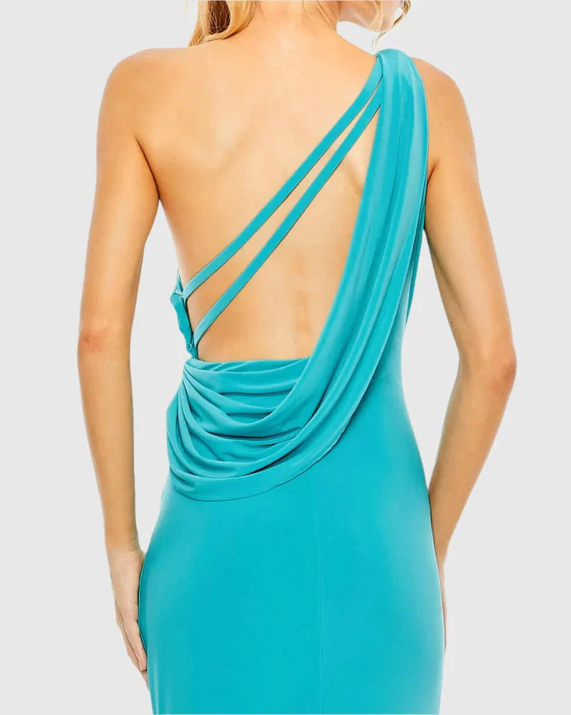 Sheath One Shoulder Sleeveless Draped Back Floor-Length Prom Dress