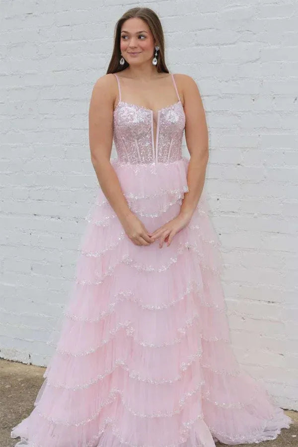 Blush Pink Spaghetti Strap Corset Tiered Ruffle Prom Dress