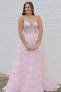 Blush Pink Spaghetti Strap Corset Tiered Ruffle Prom Dress