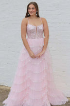 Blush Pink Spaghetti Strap Corset Tiered Ruffle Prom Dress