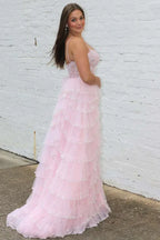 Blush Pink Spaghetti Strap Corset Tiered Ruffle Prom Dress