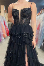 Blush Pink Spaghetti Strap Corset Tiered Ruffle Prom Dress