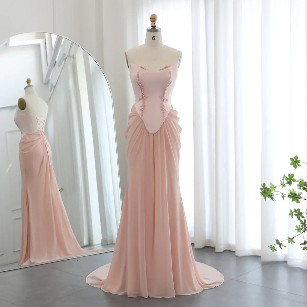 Blush Pink Strapless Beaded Corset Mermaid Long Prom Dress