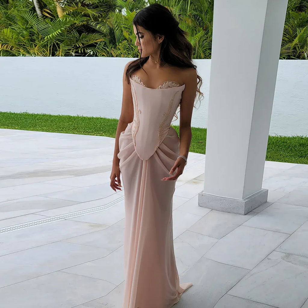Blush Pink Strapless Beaded Corset Mermaid Long Prom Dress