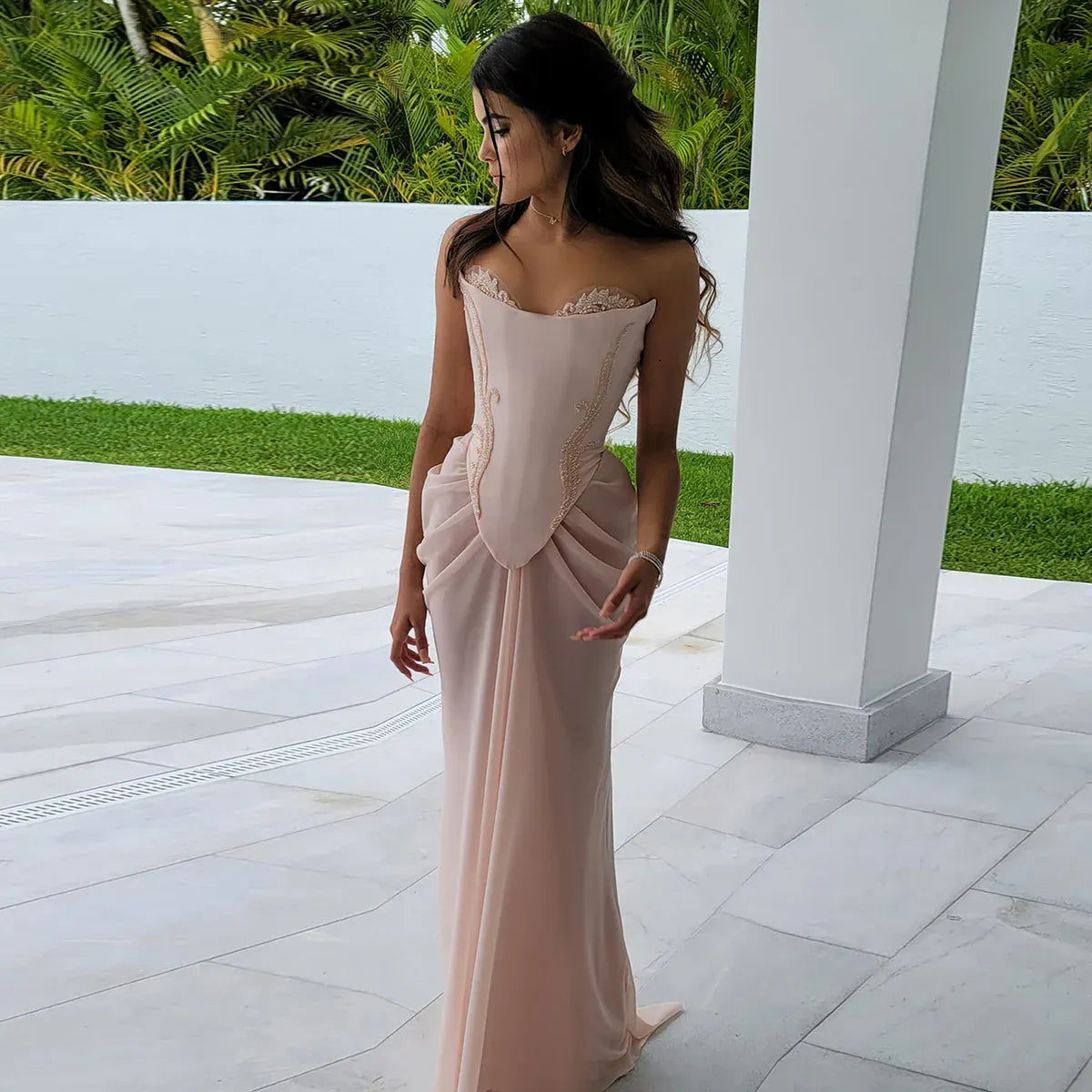 Blush Pink Strapless Beaded Corset Mermaid Long Prom Dress