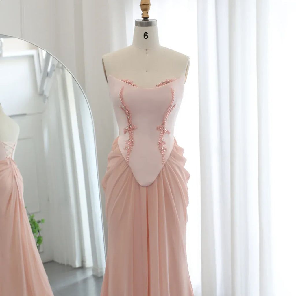 Blush Pink Strapless Beaded Corset Mermaid Long Prom Dress