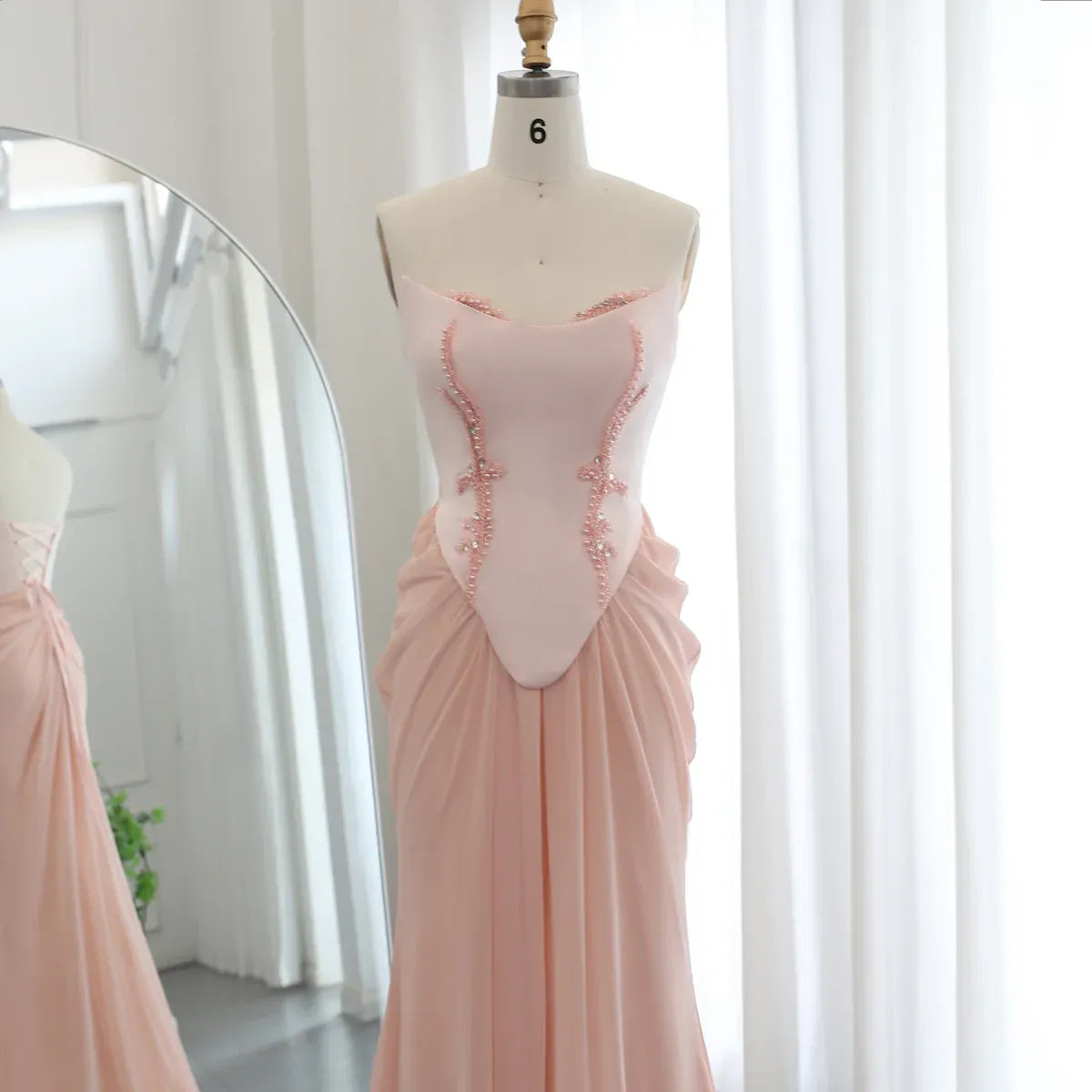 Blush Pink Strapless Beaded Corset Mermaid Long Prom Dress