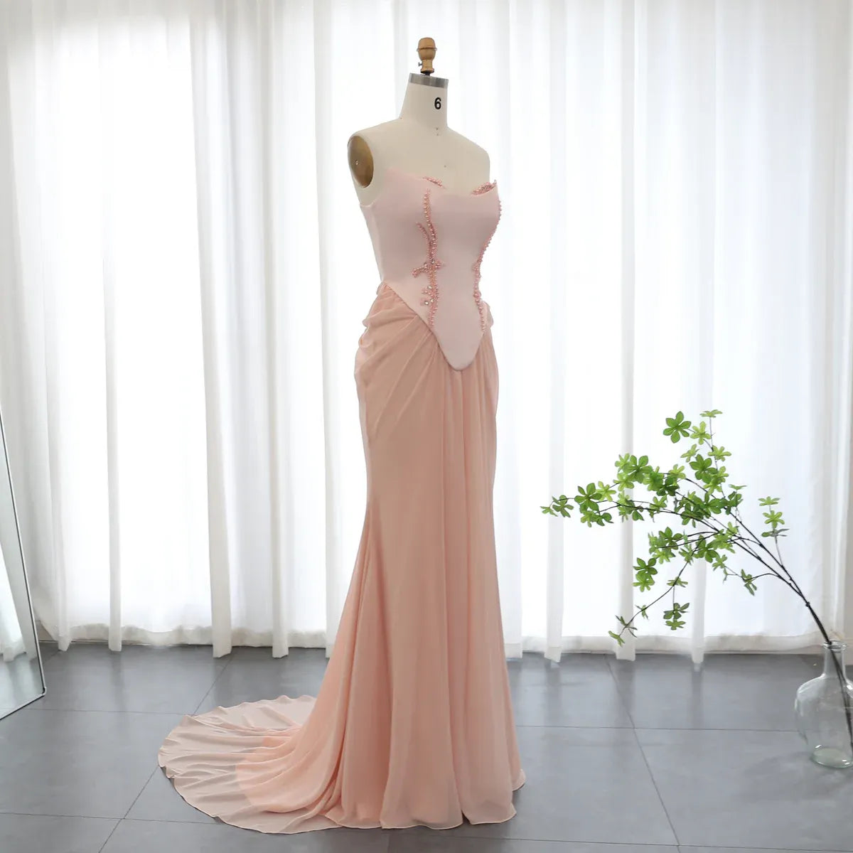 Blush Pink Strapless Beaded Corset Mermaid Long Prom Dress