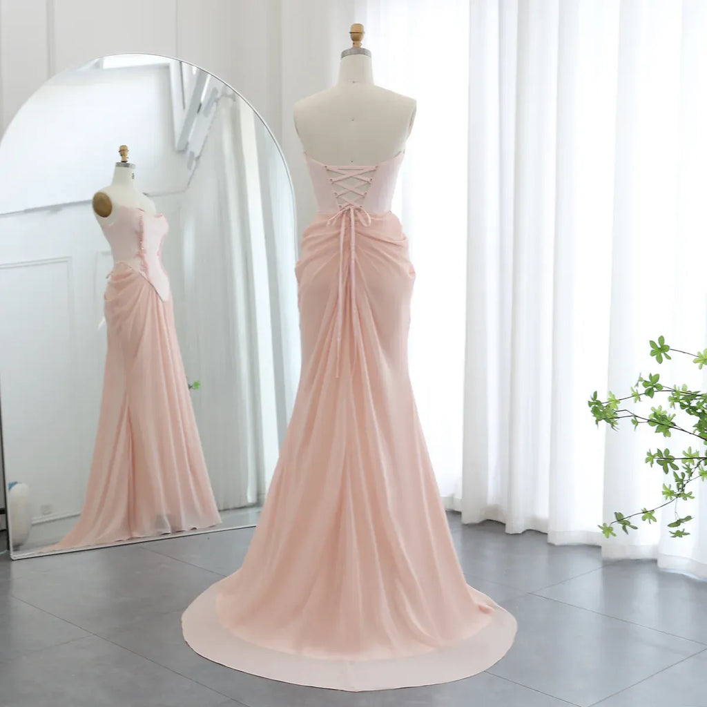 Blush Pink Strapless Beaded Corset Mermaid Long Prom Dress