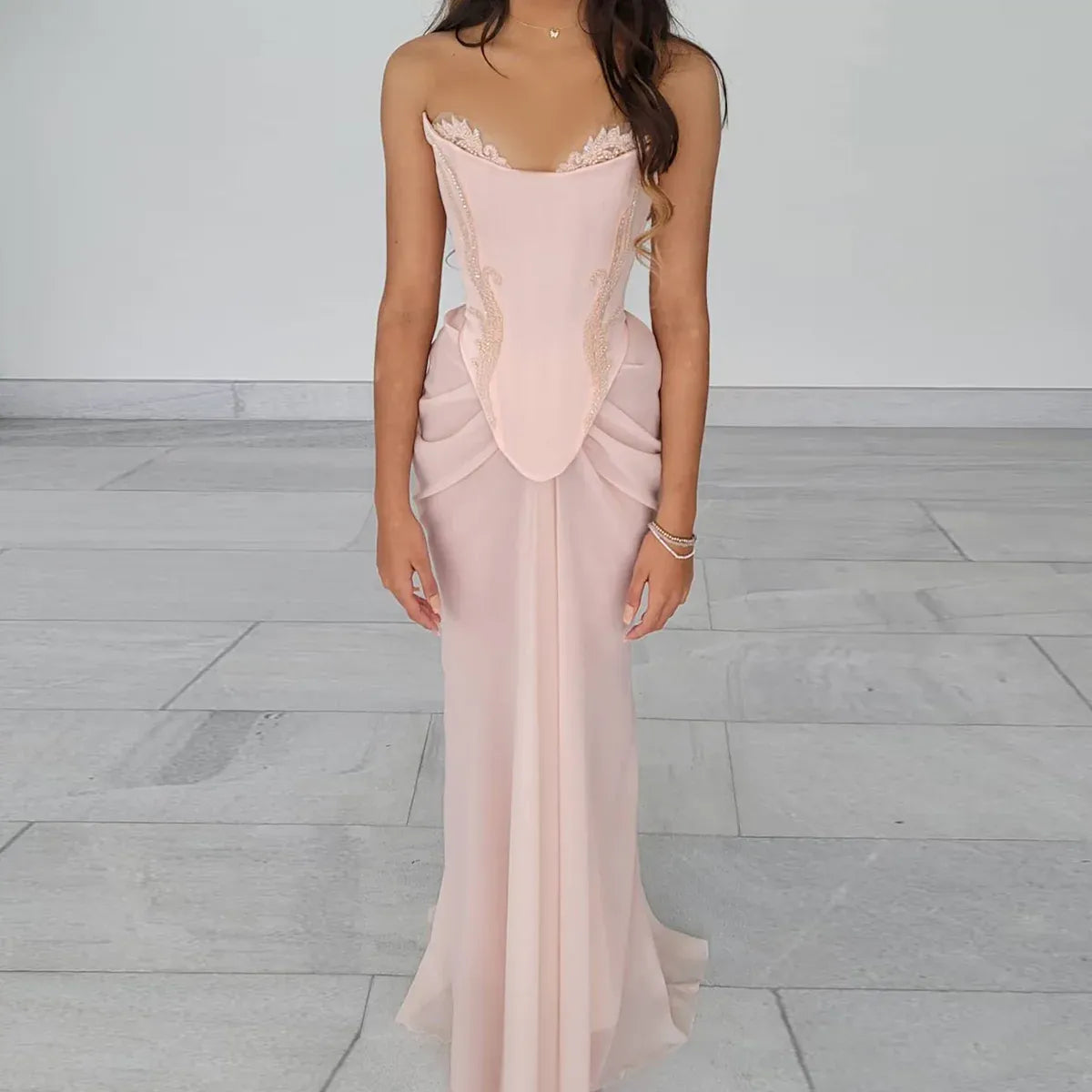 Blush Pink Strapless Beaded Corset Mermaid Long Prom Dress