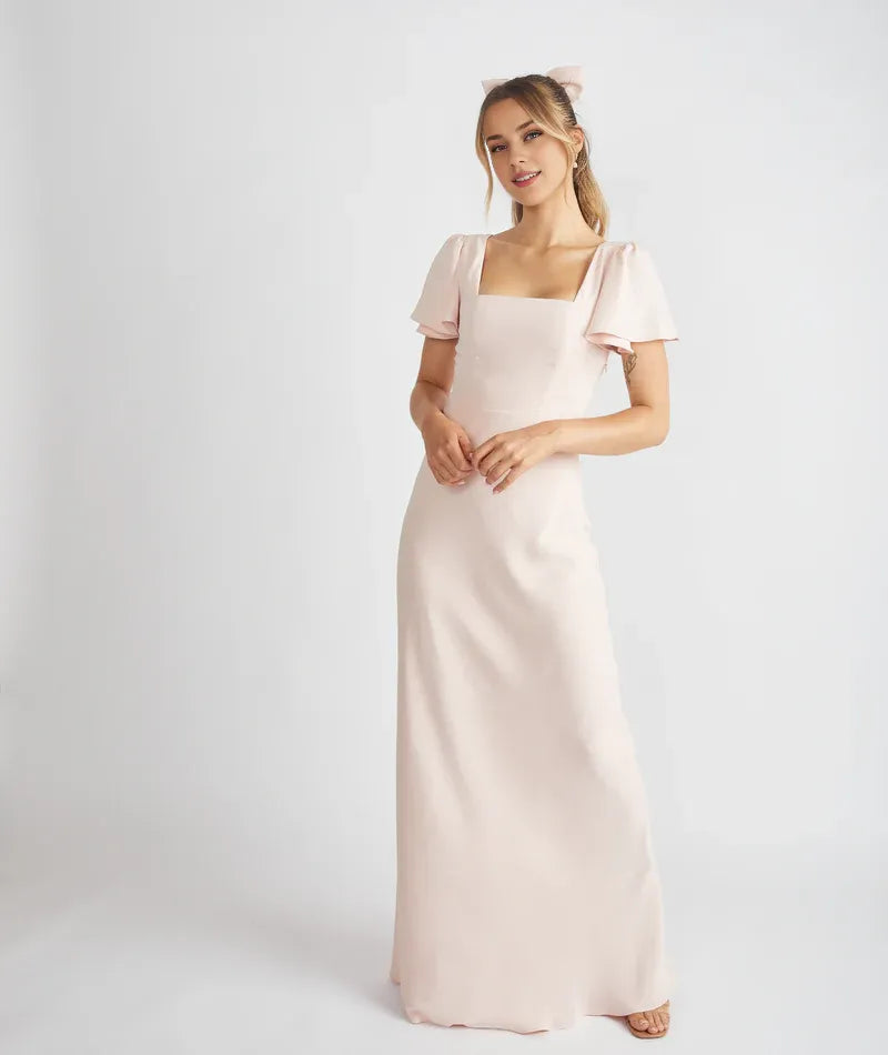 Dress Elegant Square Neck Bridesmaid Dress Maxi Dress Solid Color Sage Flutter Sleeve Prom Dress