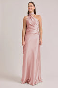 Blush Pink Halter One-shoulder Satin Bridesmaid Dresses with Ruched Waist and Flowing Back Sash