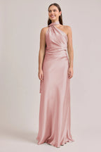 Blush Pink Halter One-shoulder Satin Bridesmaid Dresses with Ruched Waist and Flowing Back Sash
