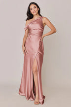 Blush Pink One-shoulder Draped Satin Bridesmaid Dresses with Ruched Waist and High Slit