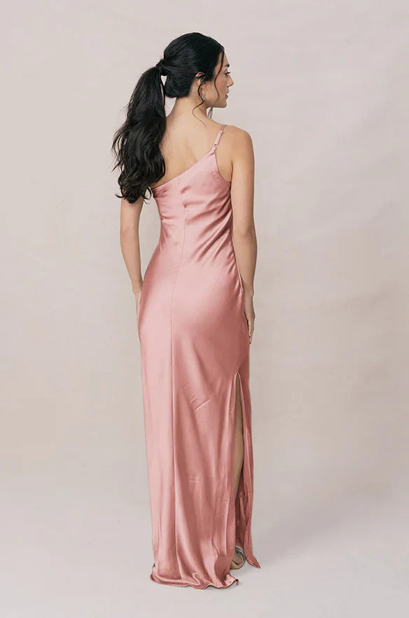 Blush Pink One-shoulder Ruched Satin Bridesmaid Dresses with High Slit