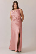 Blush Pink Plus Size Square Neck Tie-shoulder Satin Bridesmaid Dresses with Open Back and High Slit