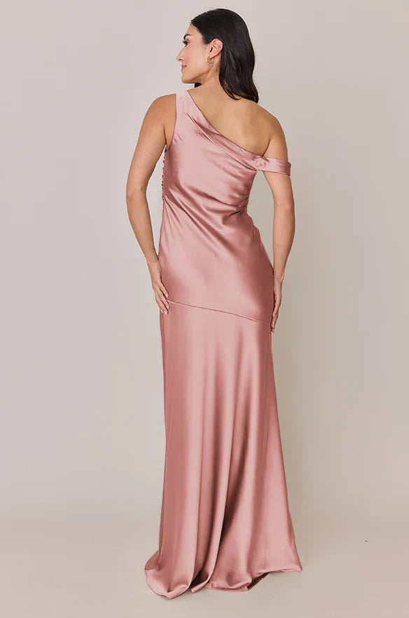 Blush Pink One-shoulder Draped Satin Bridesmaid Dresses with Ruched Waist and High Slit
