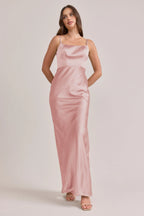 Blush Pink Square Neck Spaghetti Strap Satin Bridesmaid Dresses with Open Back and High Slit