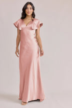 Blush Pink V-neck Ruffled Cap Sleeve Satin Bridesmaid Dresses with Open Back
