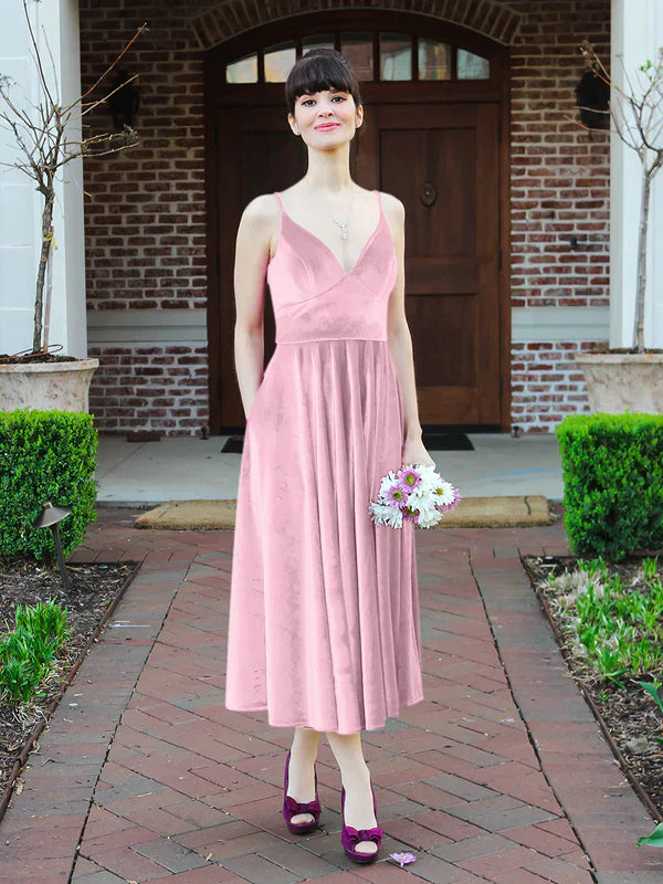 Spaghetti Straps A-line V-neck Midi Velvet Dresses