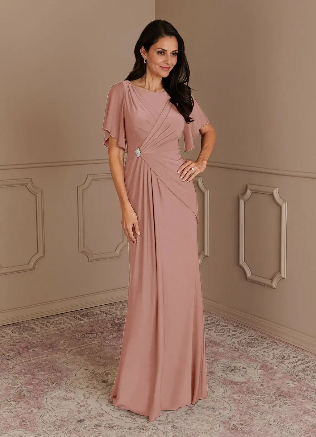 Dress Elegant Dusty Rose Mermaid Boat Neck Pleated Dress Floor-Length Flutter Sleeve V Back Plus Size Mother of the Bride Dress