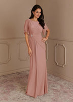 Dress Elegant Dusty Rose Mermaid Boat Neck Pleated Dress Floor-Length Flutter Sleeve V Back Plus Size Mother of the Bride Dress