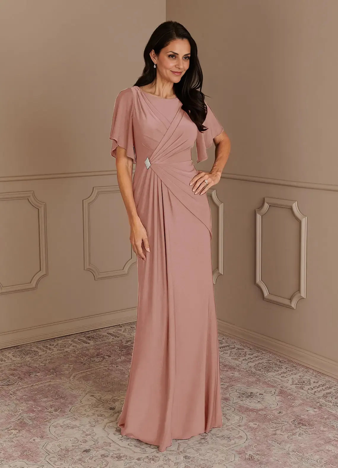 Dress Elegant Dusty Rose Mermaid Boat Neck Pleated Dress Floor-Length Flutter Sleeve V Back Plus Size Mother of the Bride Dress