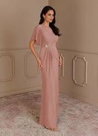 Dress Elegant Dusty Rose Mermaid Boat Neck Pleated Dress Floor-Length Flutter Sleeve V Back Plus Size Mother of the Bride Dress