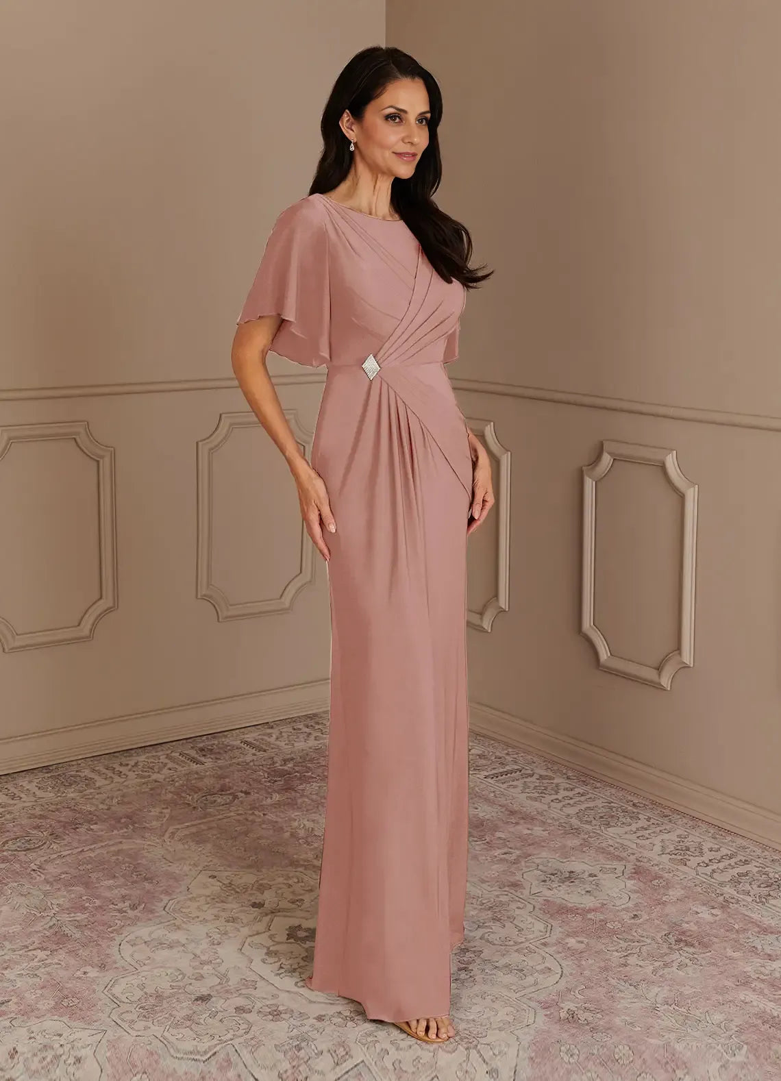 Dress Elegant Dusty Rose Mermaid Boat Neck Pleated Dress Floor-Length Flutter Sleeve V Back Plus Size Mother of the Bride Dress