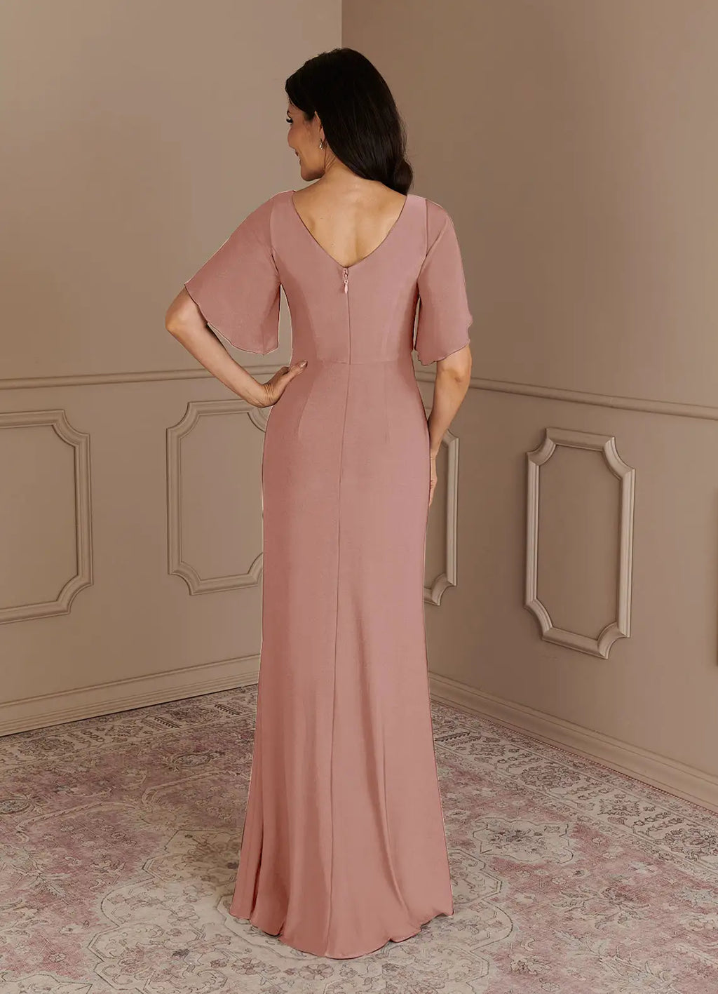 Dress Elegant Dusty Rose Mermaid Boat Neck Pleated Dress Floor-Length Flutter Sleeve V Back Plus Size Mother of the Bride Dress