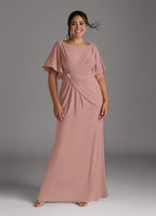 Dress Elegant Dusty Rose Mermaid Boat Neck Pleated Dress Floor-Length Flutter Sleeve V Back Plus Size Mother of the Bride Dress