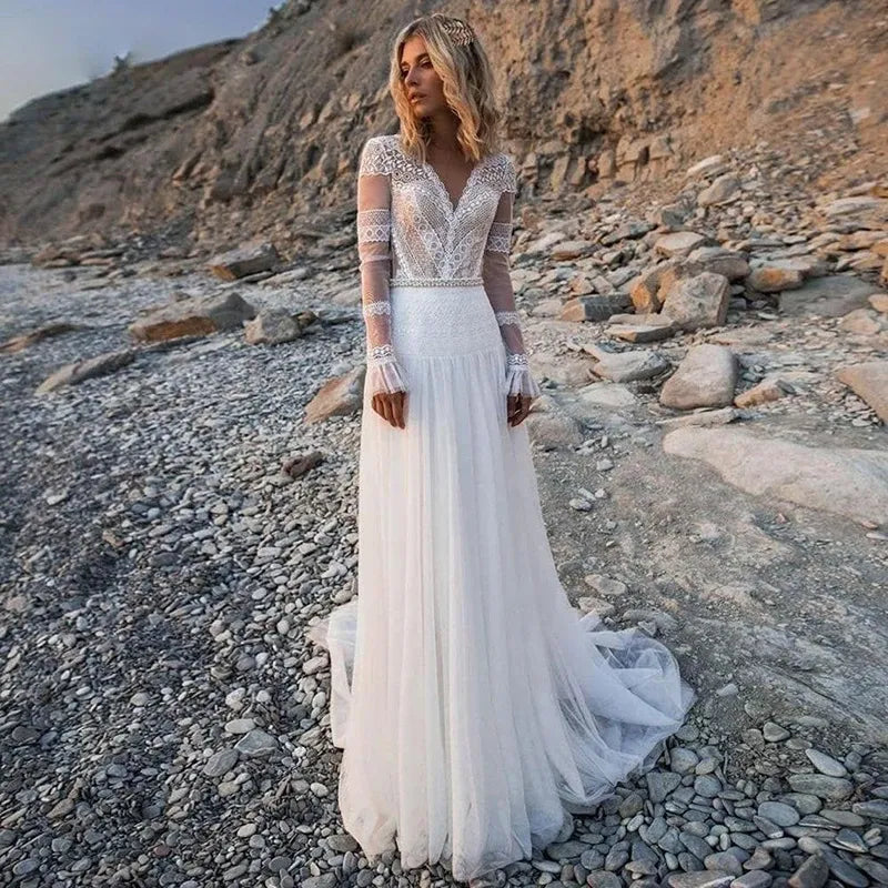 Bohemian A-Line Deep V Neck Long Sleeve Wedding Dress