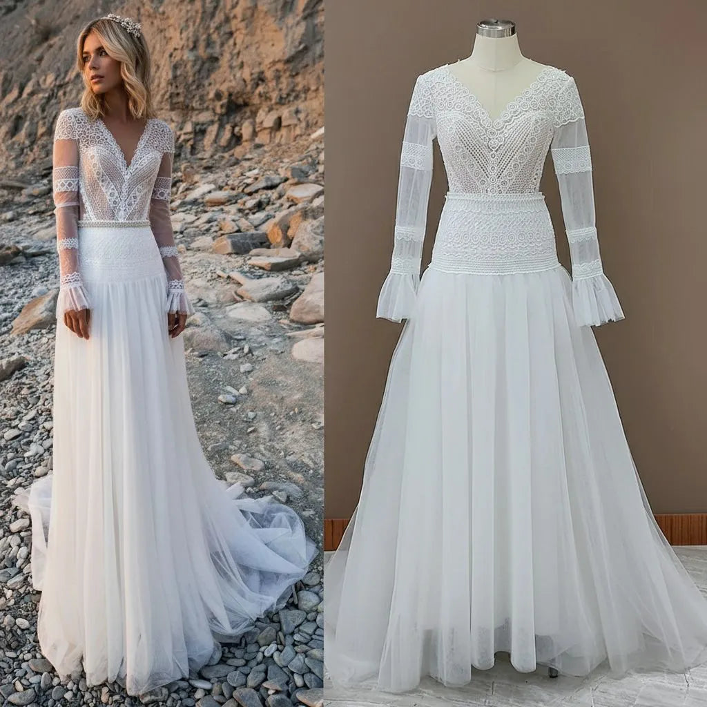 Bohemian A-Line Deep V Neck Long Sleeve Wedding Dress
