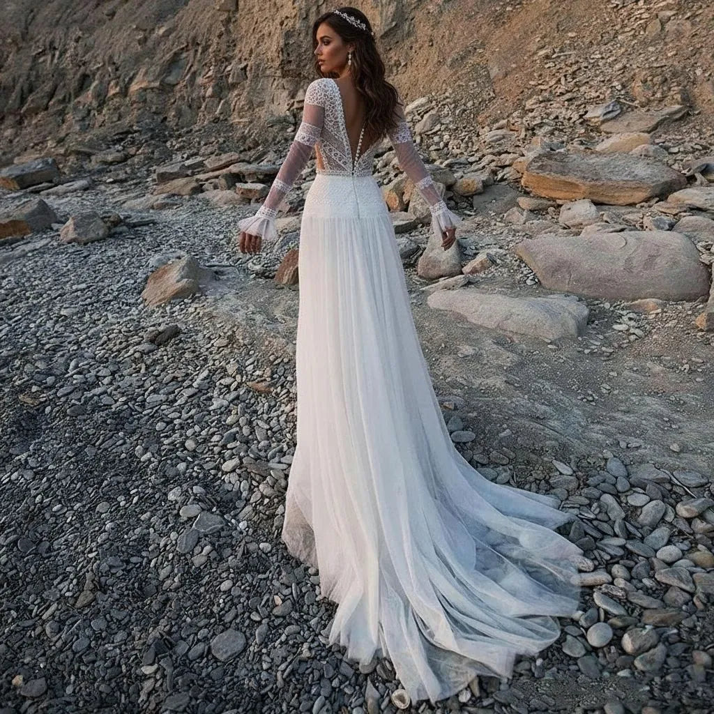 Bohemian A-Line Deep V Neck Long Sleeve Wedding Dress