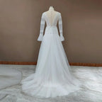 Bohemian A-Line Deep V Neck Long Sleeve Wedding Dress