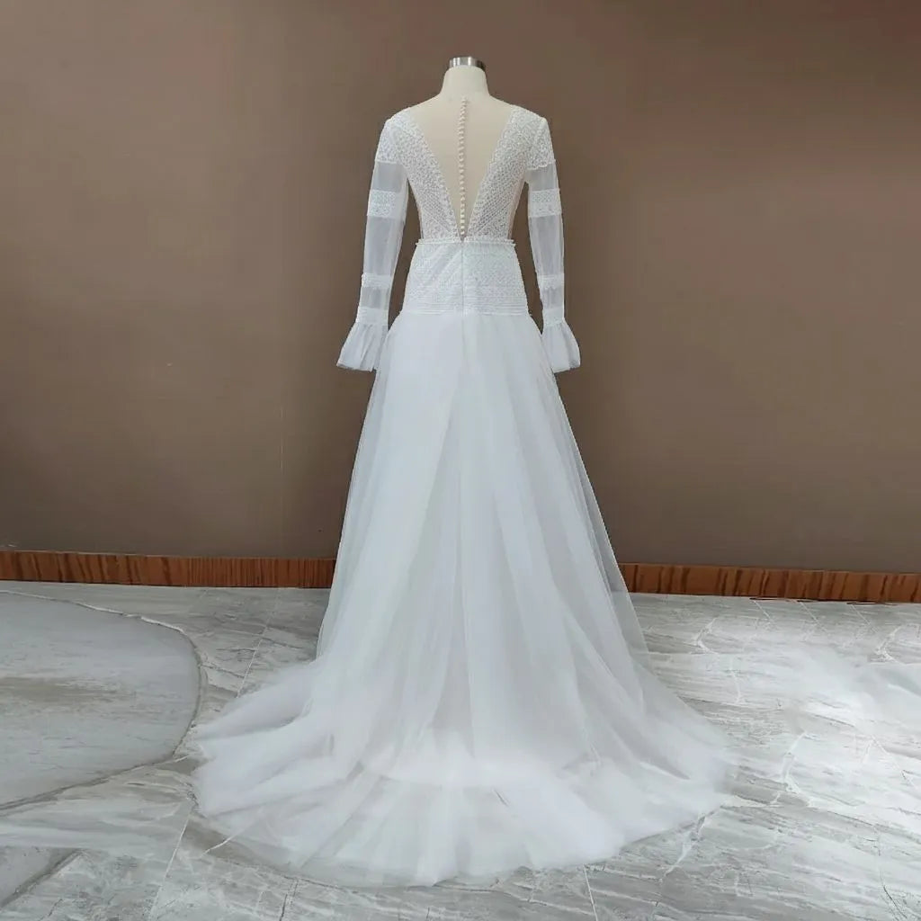 Bohemian A-Line Deep V Neck Long Sleeve Wedding Dress