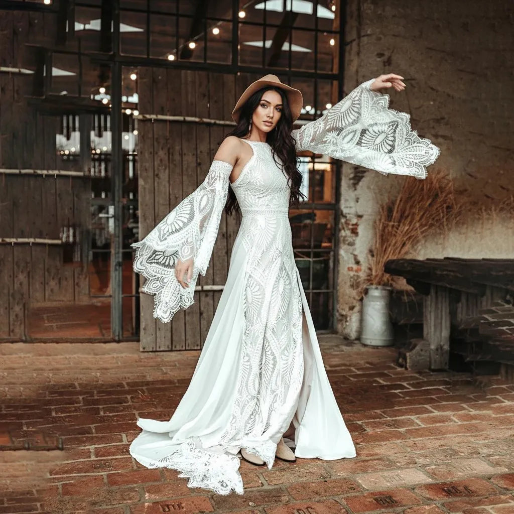 Bohemian A-Line Halter Cold Shoulder Maxi Wedding Dress