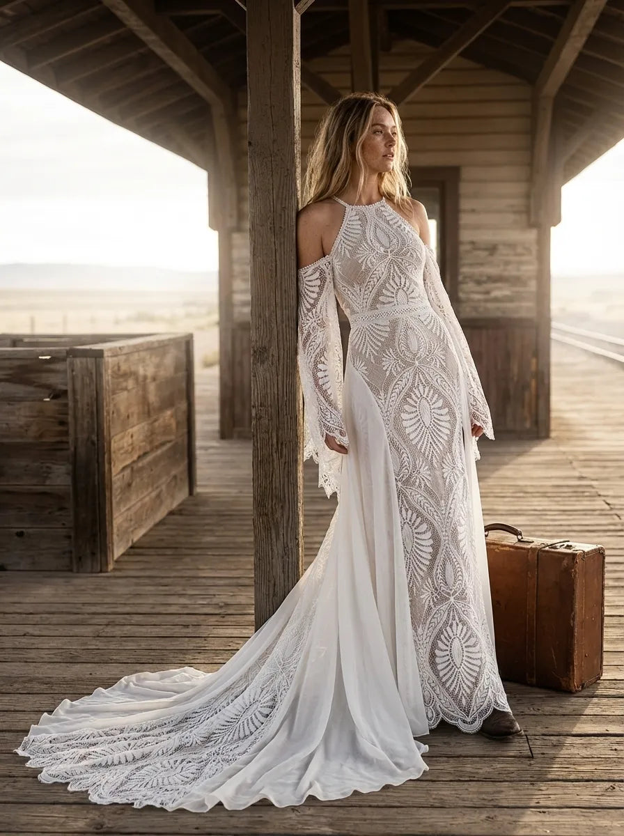 Bohemian A-Line Halter Cold Shoulder Maxi Wedding Dress