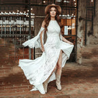 Bohemian A-Line Halter Cold Shoulder Maxi Wedding Dress