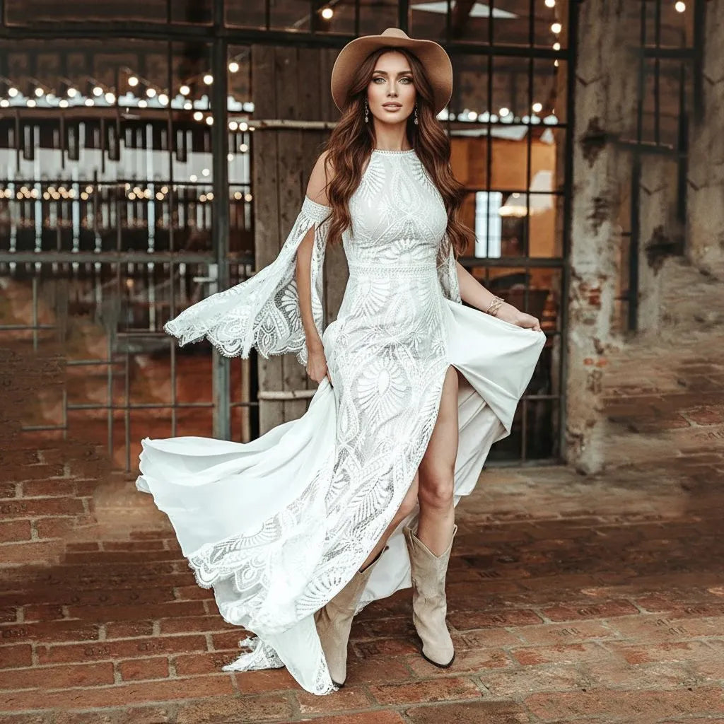 Bohemian A-Line Halter Cold Shoulder Maxi Wedding Dress