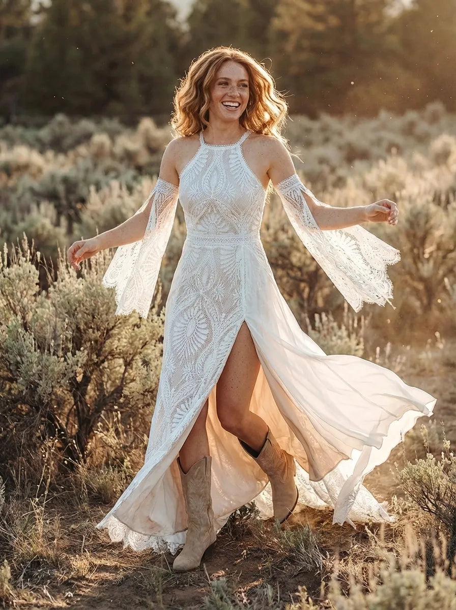Bohemian A-Line Halter Cold Shoulder Maxi Wedding Dress